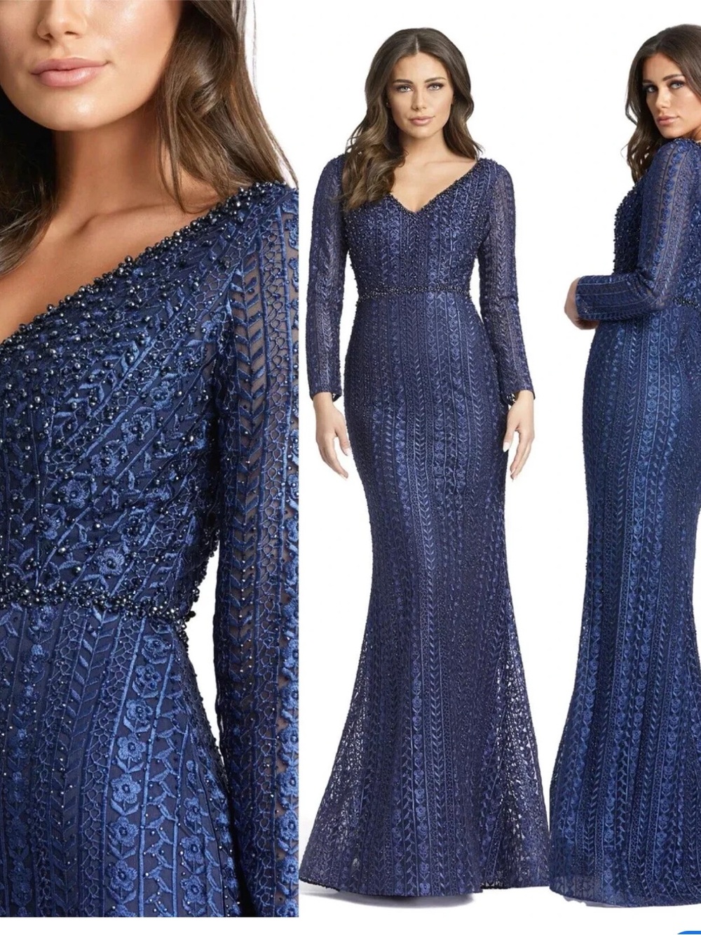 Mac Duggal Navy Beaded Long-Sleeve V-Neck Gown - Picture 8 of 8